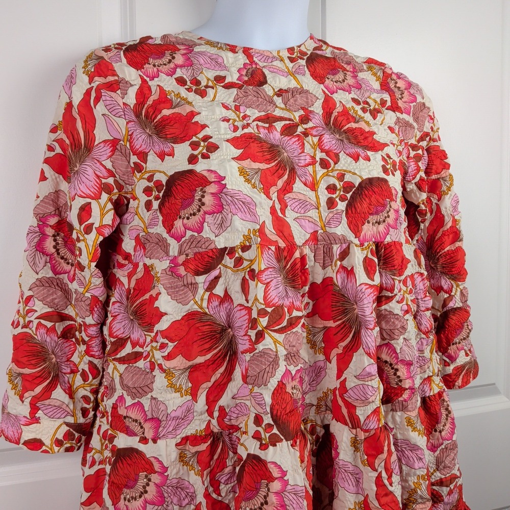 Mod Retro Floral Tiered Babydoll Mini Dress Red Pink Boho Textured 3/4 Sleeve